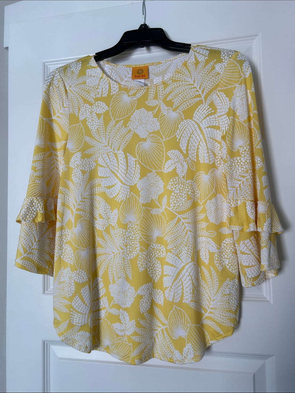 Ruby Rd. Yellow and White Tropical Print Ruffle-Sleeve Top